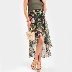 Francesca’s Anna Cai Hawaiian Floral High Low Faux Wrap Skirt Ruffle Black XS